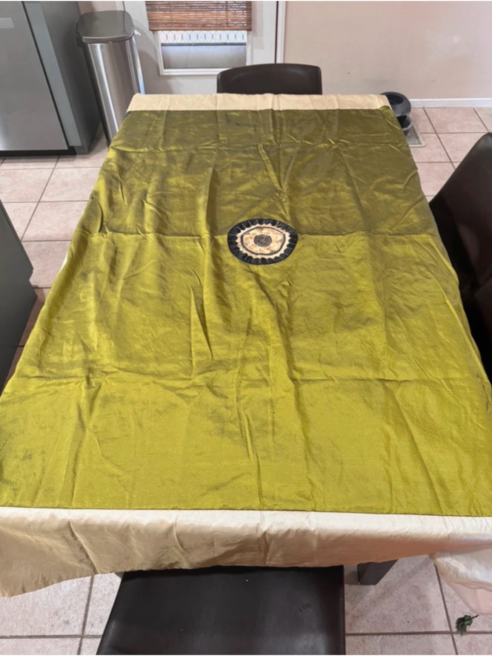 Indian Silky Tablecloth 70x56 Avocado Green Hand Embroidered Boho Fully Lined